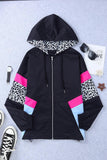 Leopard Color Block Zip-Up Hooded Jacket - Trendsi
