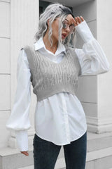 Cable-Knit Deep V Cropped Knit Vest - Trendsi - Flyclothing LLC