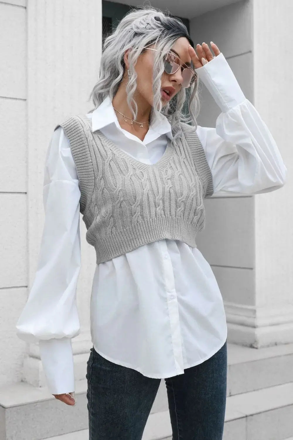 Cable-Knit Deep V Cropped Knit Vest - Trendsi - Flyclothing LLC