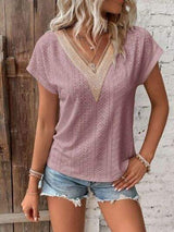 Eyelet V-Neck Short Sleeve T-Shirt - Trendsi - Flyclothing LLC
