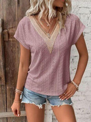 Eyelet V-Neck Short Sleeve T-Shirt - Trendsi