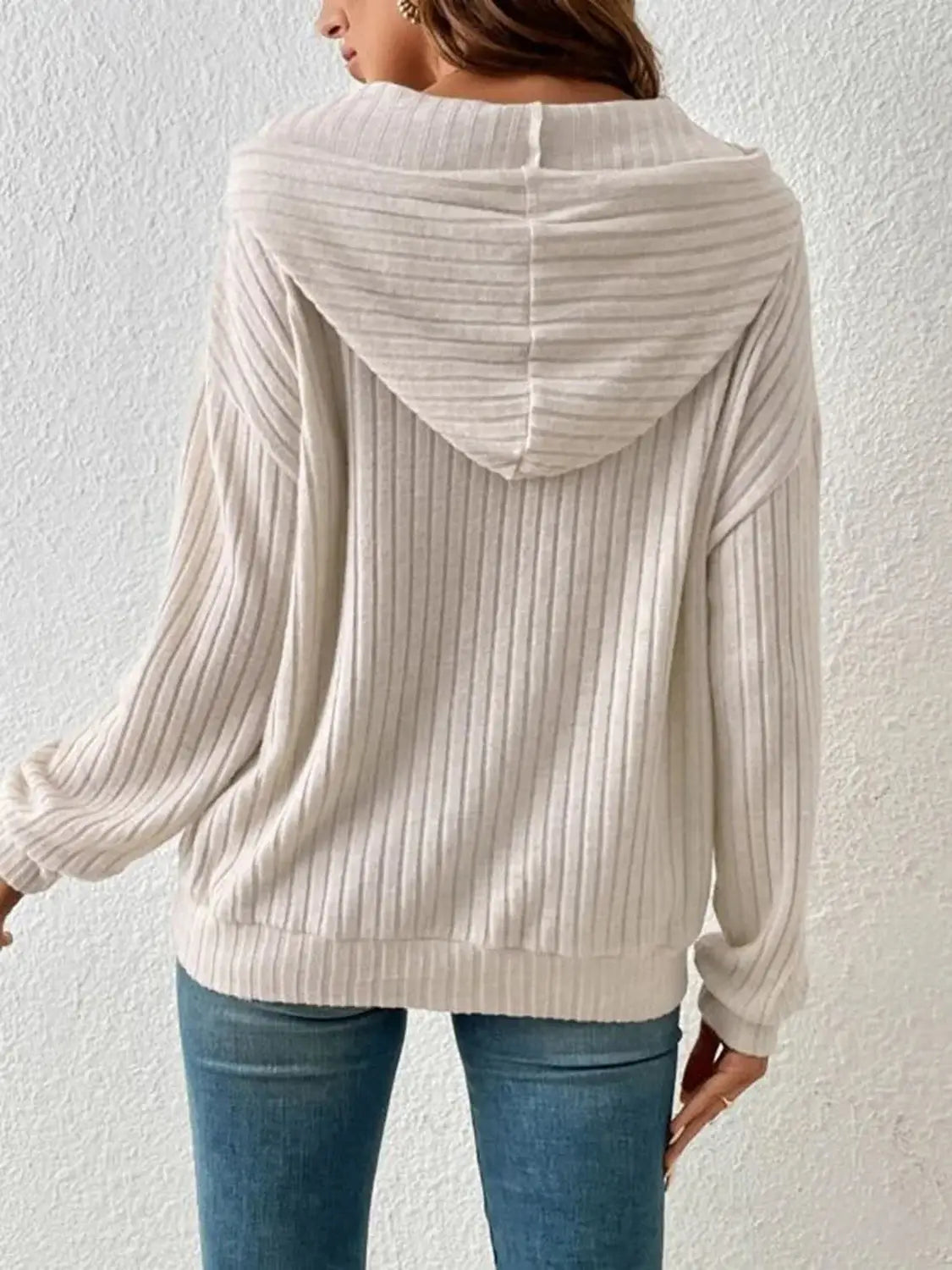 Ribbed Dropped Shoulder Drawstring Hoodie - Trendsi - Flyclothing LLC