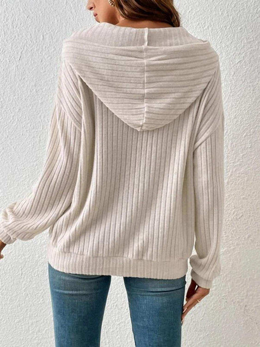 Ribbed Dropped Shoulder Drawstring Hoodie - Trendsi - Flyclothing LLC