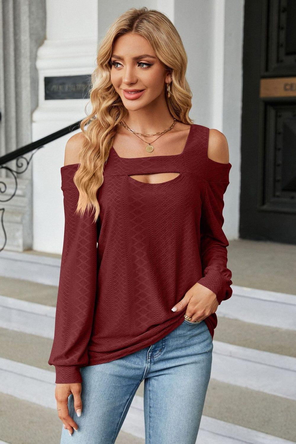 Cold Shoulder Square Neck Cutout Blouse - Trendsi
