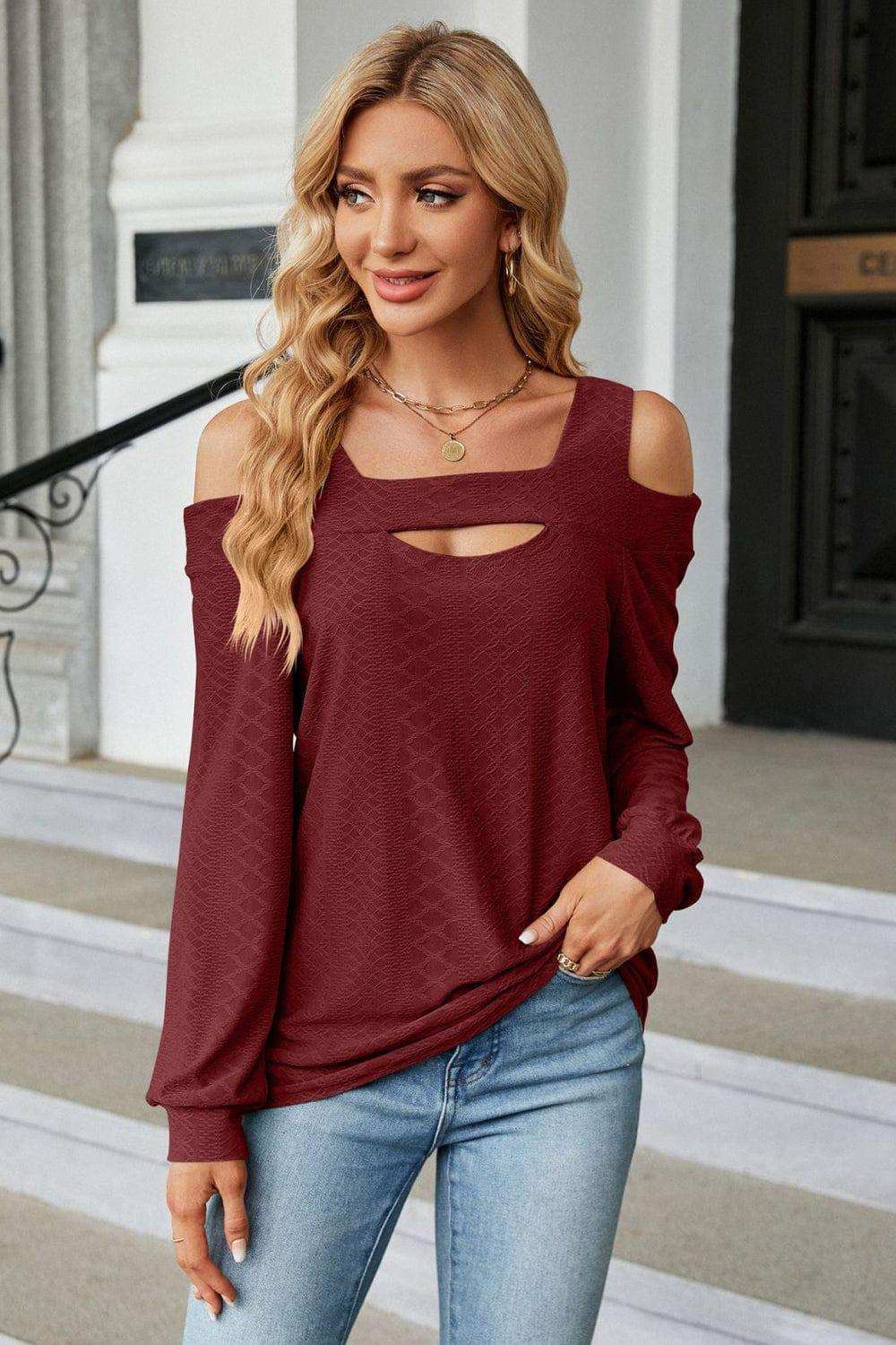 Cold Shoulder Square Neck Cutout Blouse - Trendsi - Flyclothing LLC