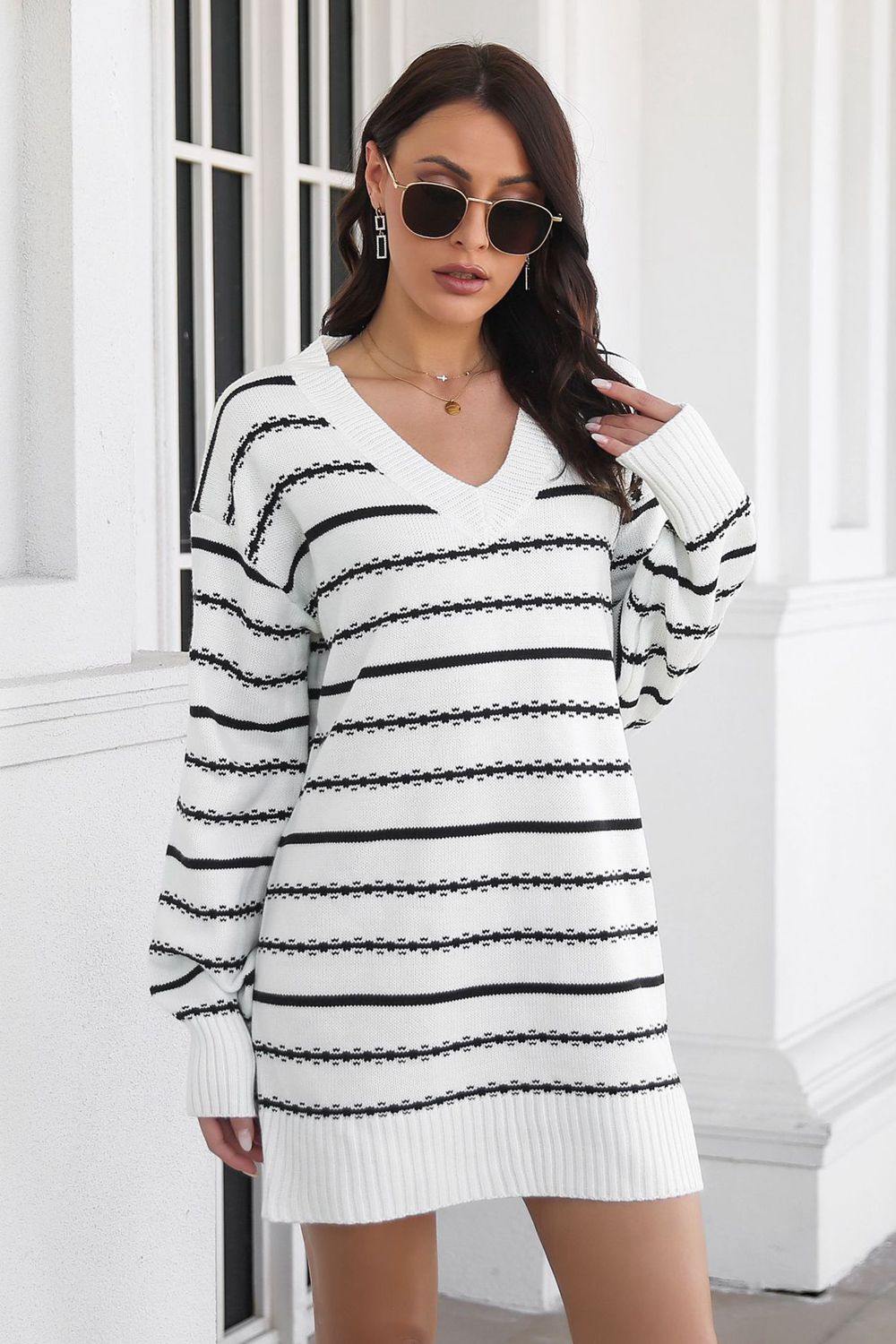 Striped V-Neck Sweater Dress - Trendsi