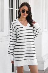 Striped V-Neck Sweater Dress - Trendsi