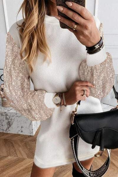 Sequin Long Sleeve Round Neck Mini Dress - Trendsi - Flyclothing LLC