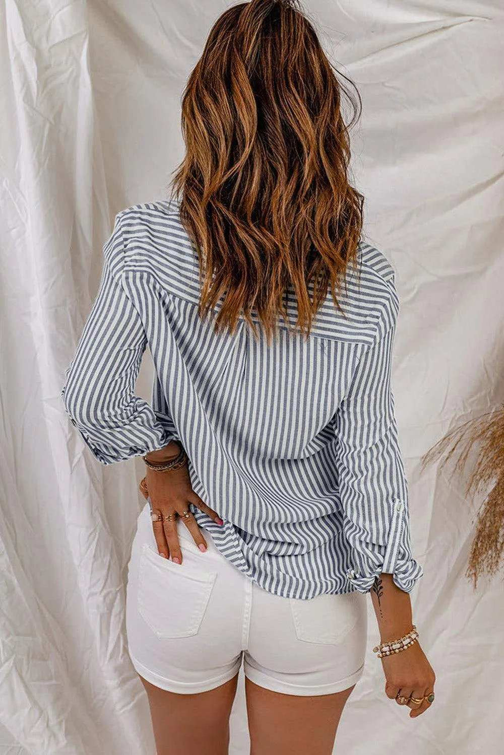 Striped Button-Up Roll-Tab Sleeve Shirt - Trendsi - Flyclothing LLC