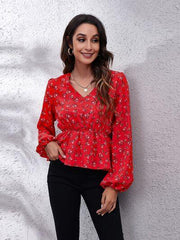 Floral V-Neck Balloon Sleeve Peplum Blouse - Trendsi