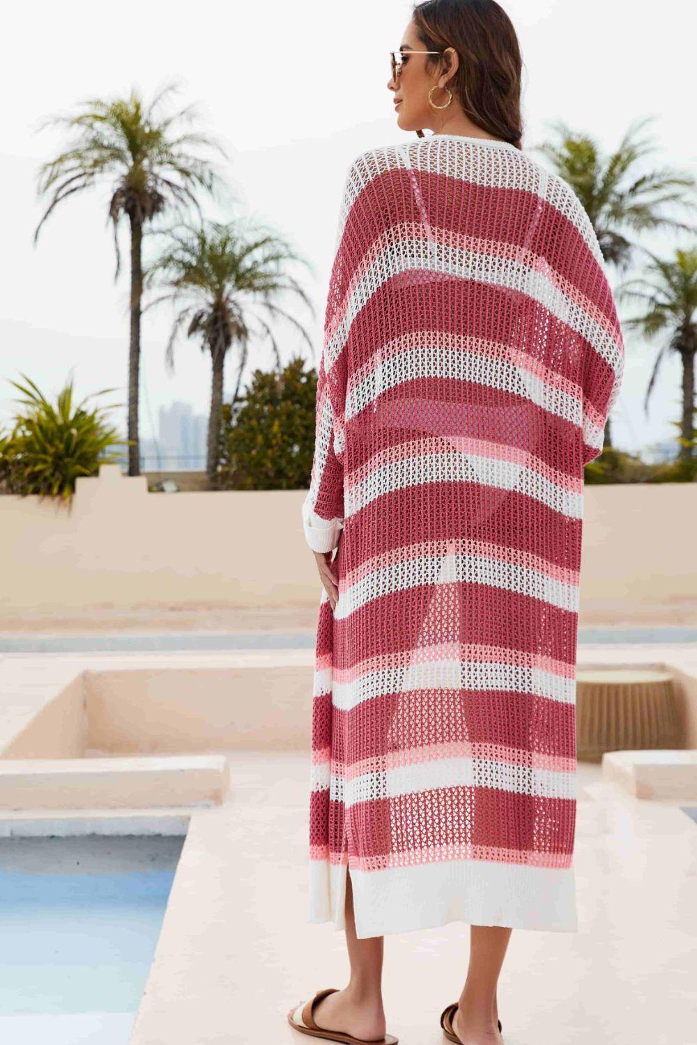 Striped Open Front Side Slit Duster Cover Up - Flyclothing LLC