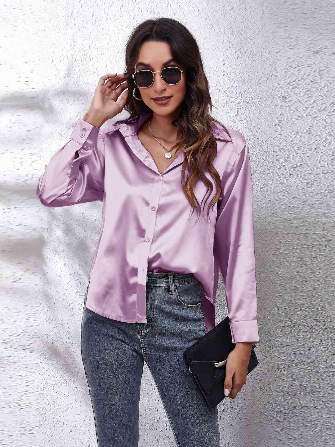 Collared Neck Buttoned Long Sleeve Shirt - Trendsi
