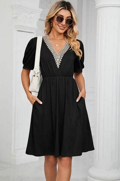 V-Neck Puff Sleeve Dress - Trendsi - Flyclothing LLC