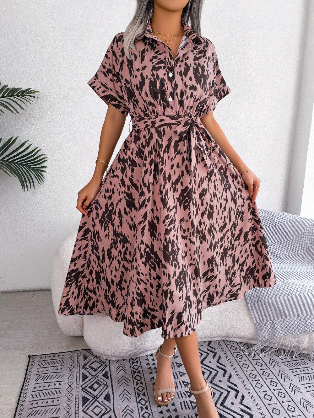 Printed Collared Neck Short Sleeve Tie Waist Dress - Trendsi