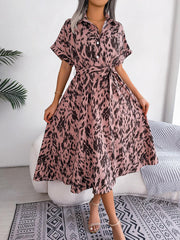 Printed Collared Neck Short Sleeve Tie Waist Dress - Trendsi