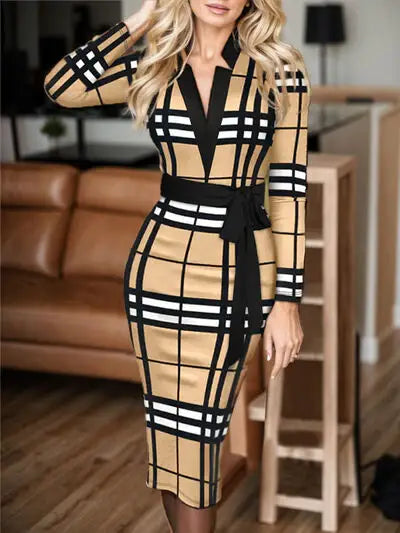 Plus Size Plaid V-Neck Long Sleeve Wrap Dress - Trendsi - Flyclothing LLC