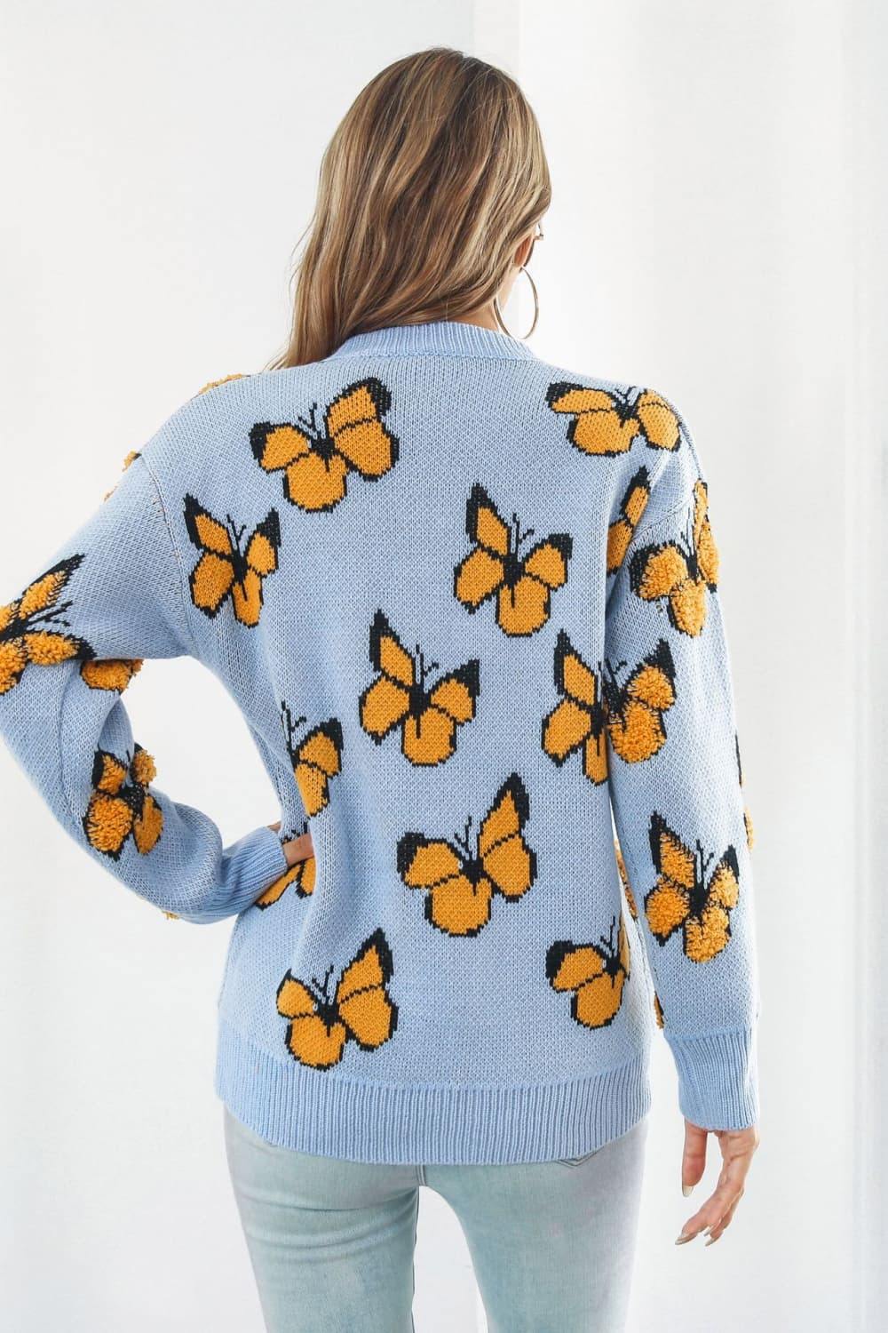 Butterfly Pattern Round Neck Dropped Shoulder Sweater - Trendsi