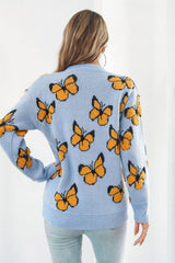 Butterfly Pattern Round Neck Dropped Shoulder Sweater - Trendsi