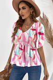 Printed V-Neck Babydoll Blouse - Trendsi - Flyclothing LLC