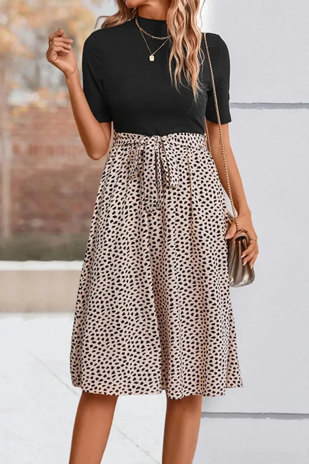Printed Short Sleeve Belted Dress - Trendsi - Flyclothing LLC