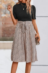 Printed Short Sleeve Belted Dress - Trendsi - Flyclothing LLC