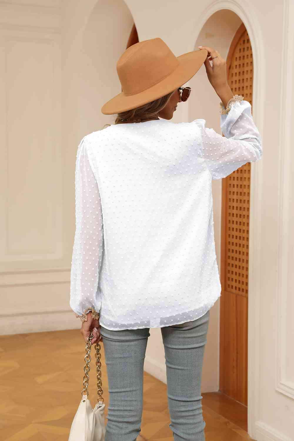 Swiss Dot Contrast V-Neck Blouse - Trendsi - Flyclothing LLC