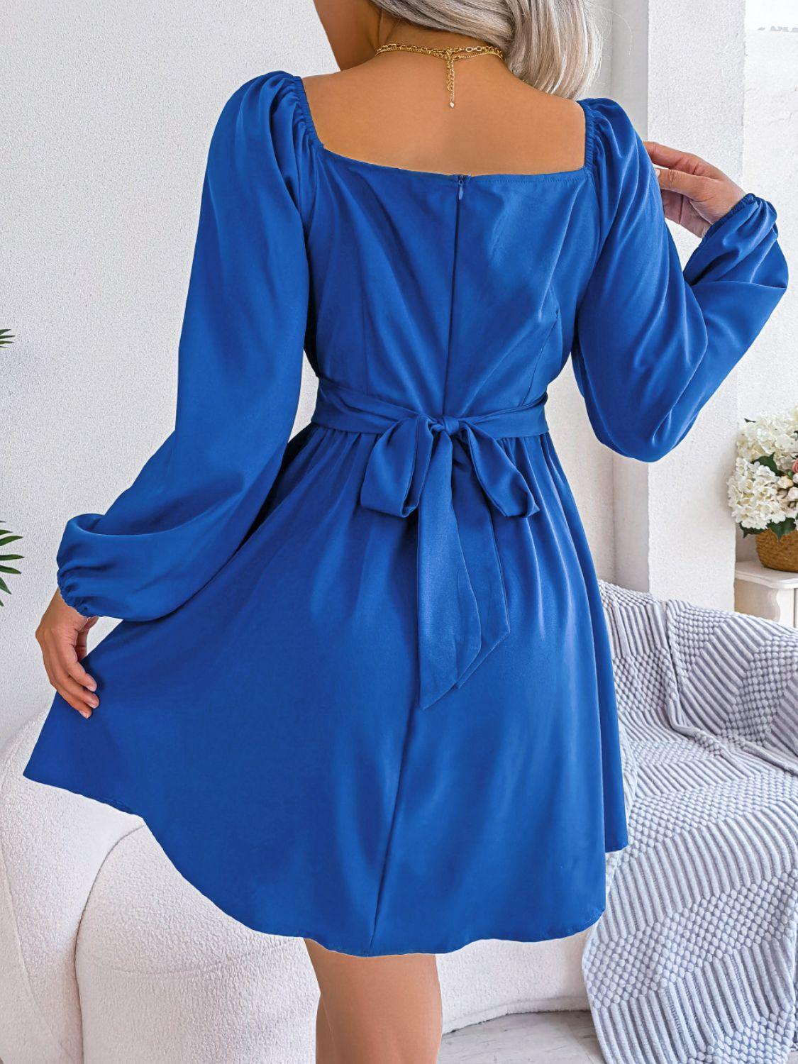 Tied Square Neck Balloon Sleeve Dress - Flyclothing LLC