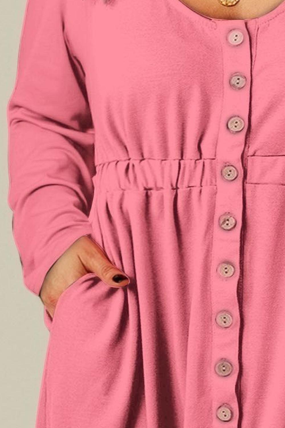 Plus Size Button Front Elastic Waist Long Sleeve Dress - Flyclothing LLC