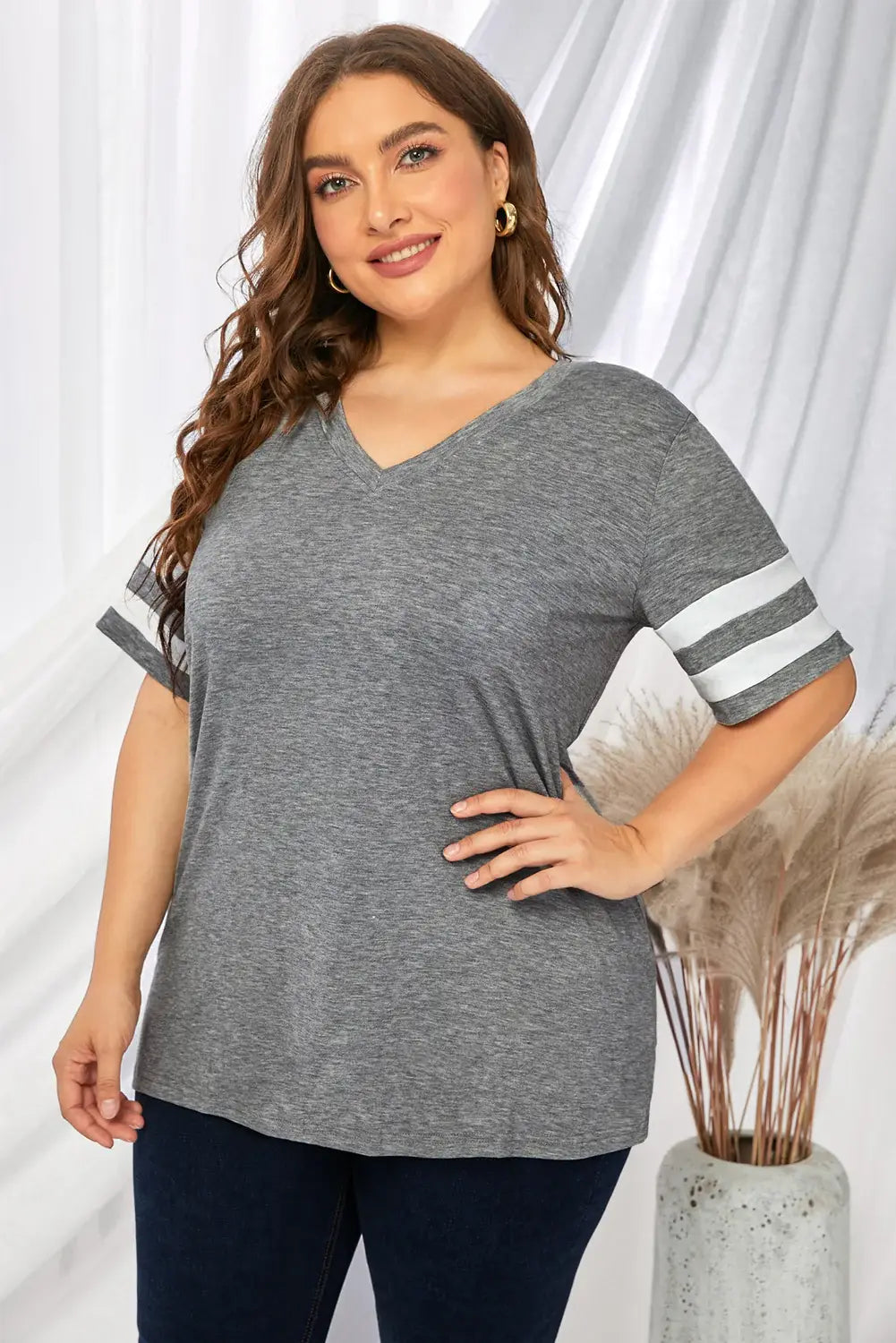 Plus Size Striped V-Neck Tee Shirt - Trendsi - Flyclothing LLC