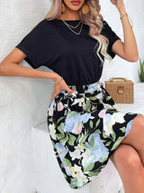 Two-Tone Round Neck Cuffed Sleeve Dress - Trendsi - Flyclothing LLC