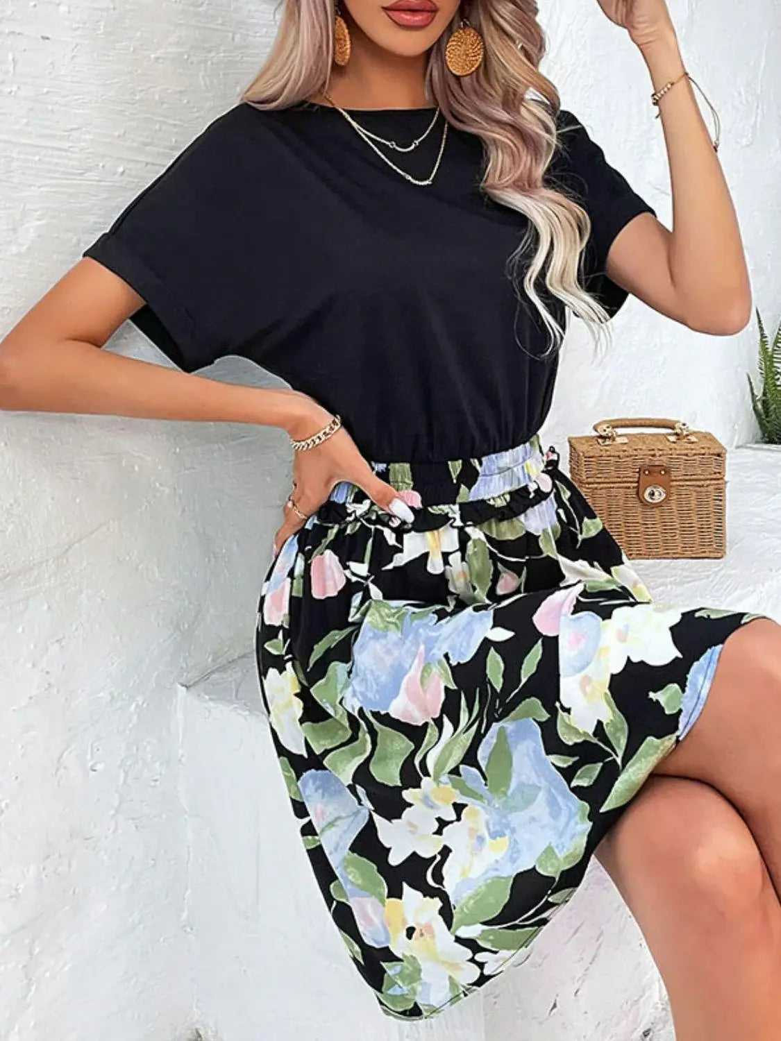 Two-Tone Round Neck Cuffed Sleeve Dress - Trendsi - Flyclothing LLC