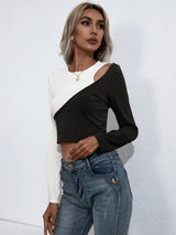 Croopped Contrast Color Round Neck Short Sleeve Tee - Trendsi - Flyclothing LLC