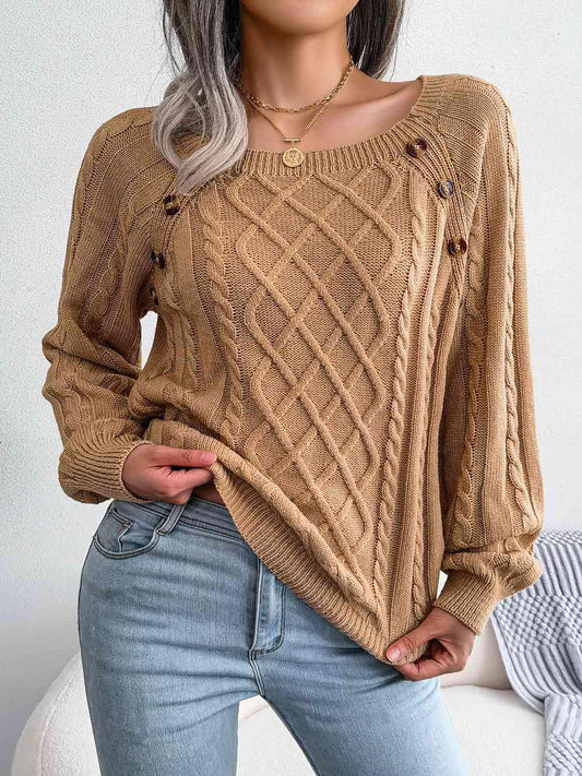 Decorative Button Cable-Knit Sweater - Trendsi