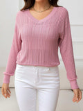 V-Neck Long Sleeve Eyelet Knit Top - Trendsi - Flyclothing LLC