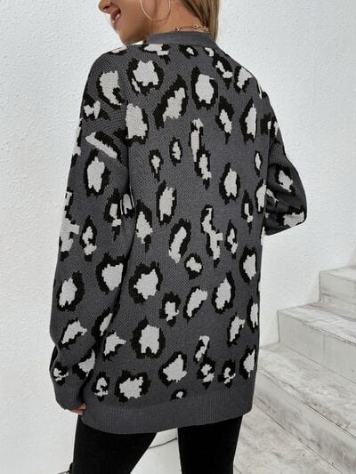 Leopard Open Front Dropped Shoulder Cardigan - Trendsi