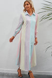 Rainbow Stripe Button-Up Maxi Shirt Dress - Trendsi