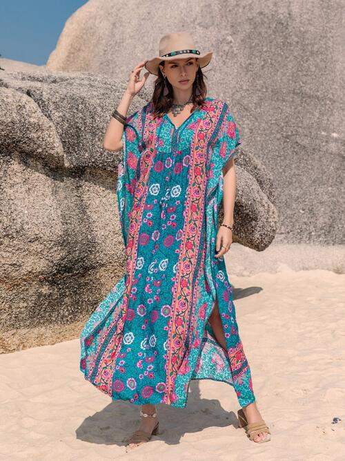 Printed Tie Neck Short Sleeve Dress - Trendsi - Flyclothing LLC
