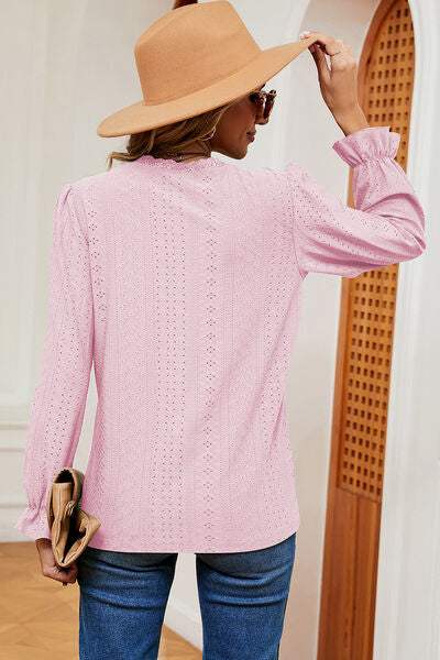 Eyelet V-Neck Flounce Sleeve T-Shirt - Trendsi - Flyclothing LLC