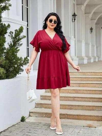 Plus Size Ruched Surplice Flounce Sleeve Mini Dress - Trendsi - Flyclothing LLC