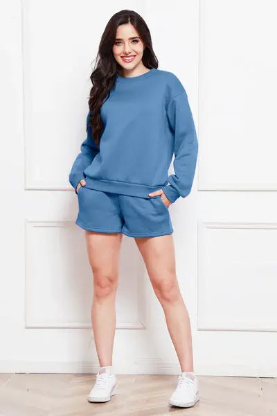 Round Neck Long Sleeve Sweatshirt and Drawstring Shorts Set - Trendsi - Flyclothing LLC