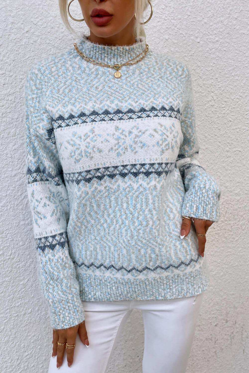 Snowflake Pattern Mock Neck Sweater - Trendsi - Flyclothing LLC