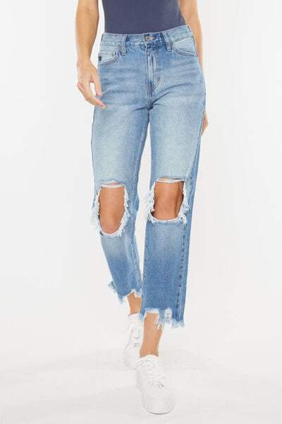 Kancan High Waist Chewed Up Straight Mom Jeans - Trendsi - Flyclothing LLC