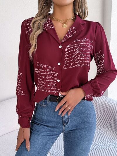 Letter Printed Button Up Long Sleeve Blouse - Trendsi