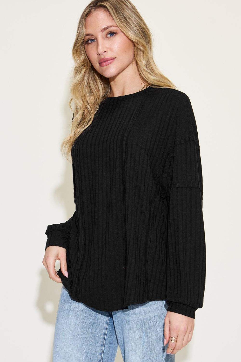 Basic Bae Full Size Ribbed Round Neck Long Sleeve T-Shirt - Trendsi - Flyclothing LLC