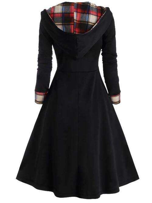 Plus Size Plaid Buttoned Long Sleeve Hooded Dress - Trendsi - Flyclothing LLC