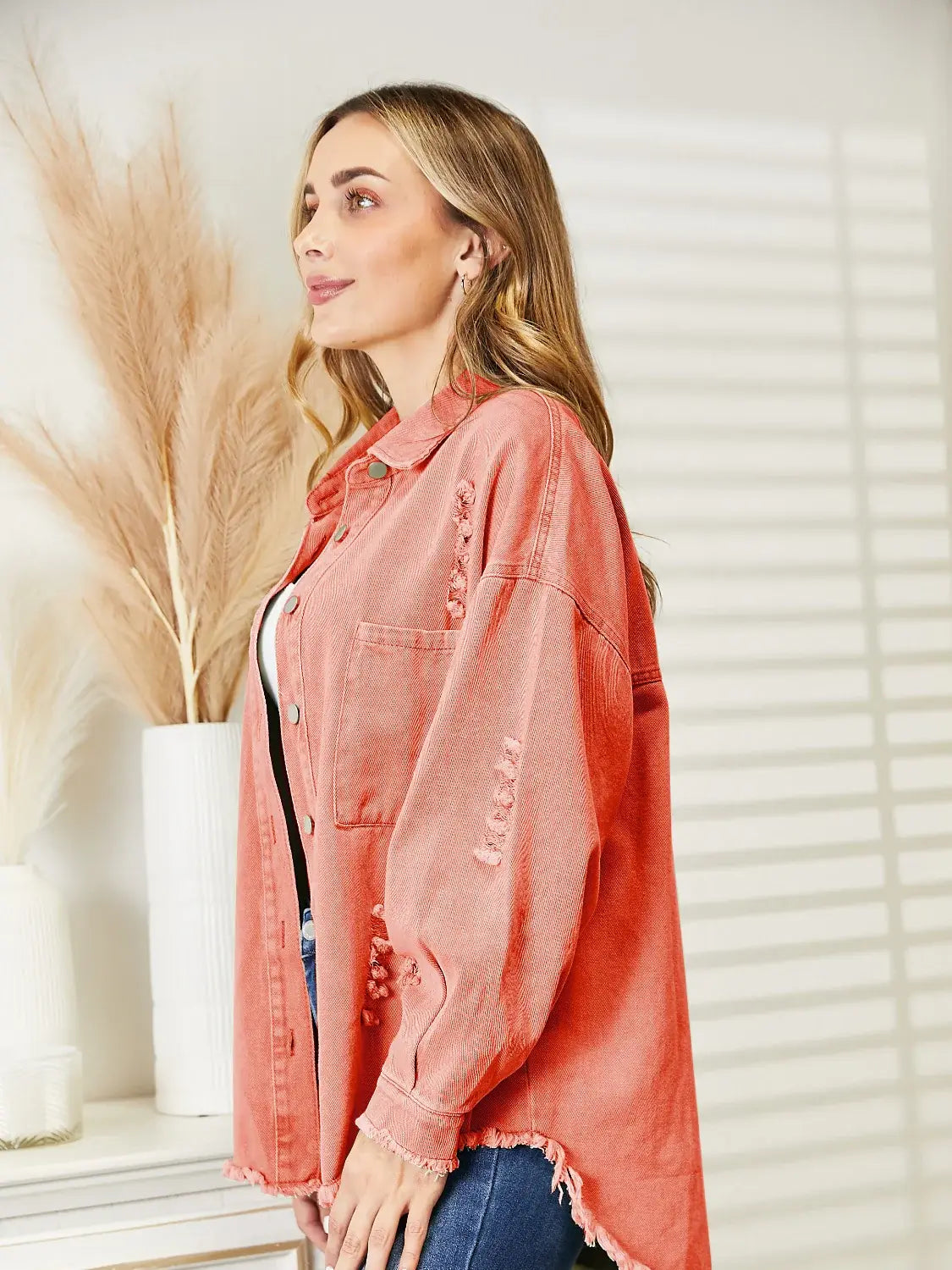 Distressed Raw Hem Denim Jacket - Trendsi - Flyclothing LLC