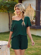 V-Neck Short Sleeve Top and Pocketed Shorts Lounge Set - Trendsi - Flyclothing LLC