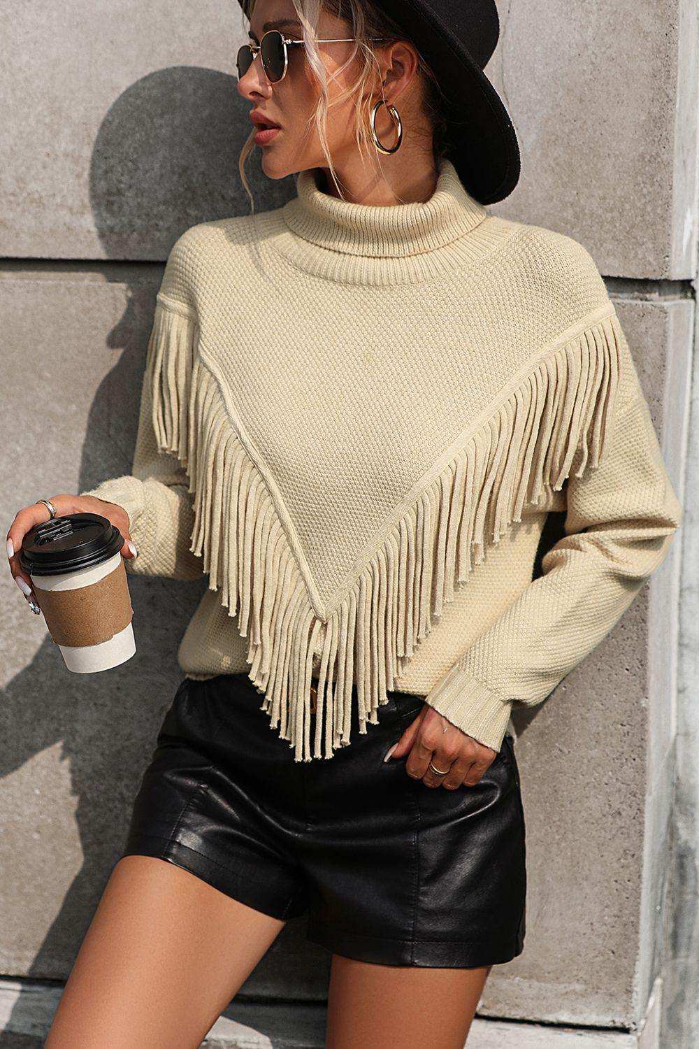Turtle Neck Tassel Front Long Sleeve Pullover Sweater - Trendsi - Flyclothing LLC