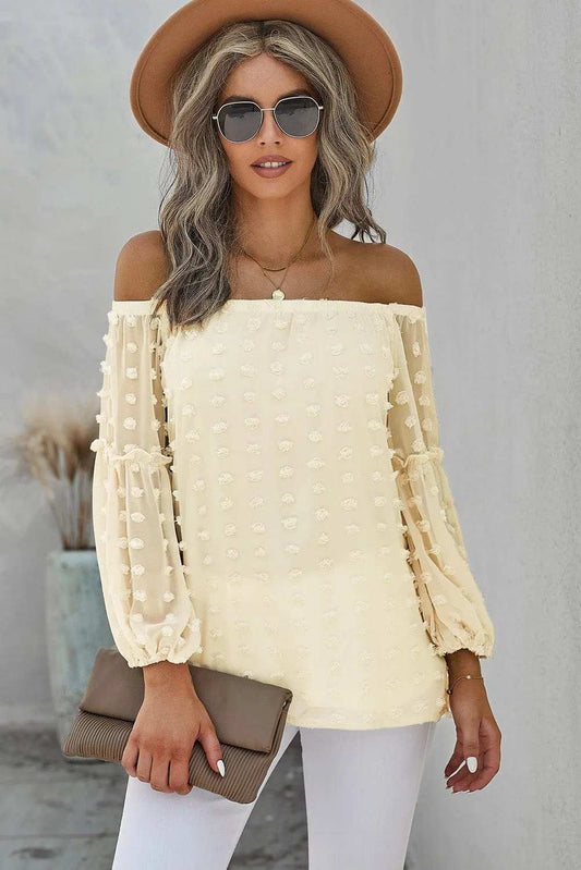 Swiss Dot Off-Shoulder Long Sleeve Blouse - Trendsi - Flyclothing LLC