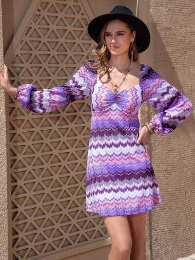 Printed Sweetheart Neck Balloon Sleeve Dress - Trendsi - Flyclothing LLC